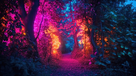 A stunning pathway through a lush forest illuminated by vibrant lights, creating a magical atmosphere filled with color and tranquility, perfect for exploration and adventure.の素材