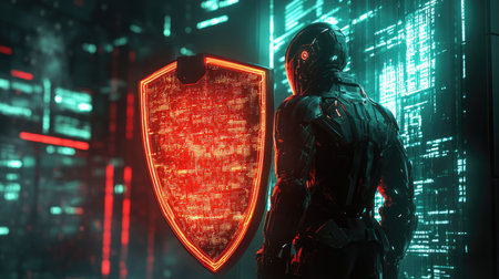 A futuristic warrior stands in a high-tech environment, gazing at a glowing digital shield. Neon lights and holographic patterns create a striking scene, emphasizing themes of protection and cybersecurity.の素材