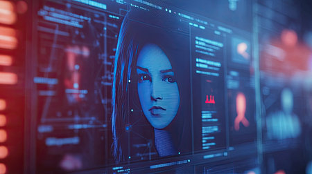 Explore a captivating digital scene highlighting a woman face against a backdrop of advanced analytics, illustrating the intersection of technology and human expression.の素材