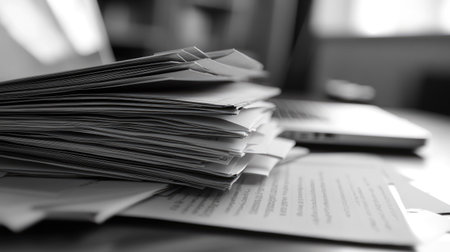 This black and white image captures a stack of paperwork beside a laptop, symbolizing the challenges of managing tasks in a bustling office setting filled with documents.の素材