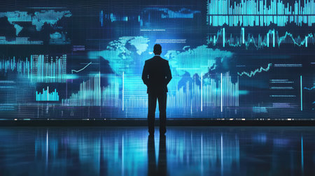 A businessman stands silhouetted against a high-tech backdrop featuring a digital world map and various graphs, symbolizing data analysis and modern business strategies.の素材