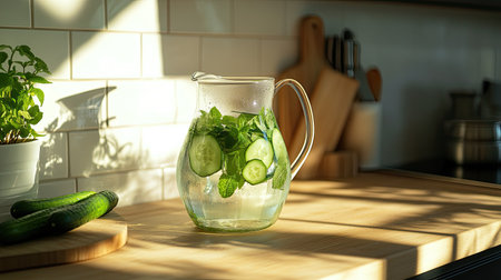 A beautiful glass pitcher filled with refreshing mint leaves and cucumber slices on a wooden countertop, capturing the essence of a bright and healthy kitchen atmosphere.の素材