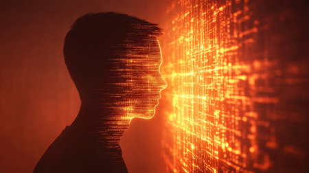 A striking silhouette of a human head merges with a vibrant digital data stream, symbolizing the intersection of technology and identity in a captivating dark atmosphere.の素材