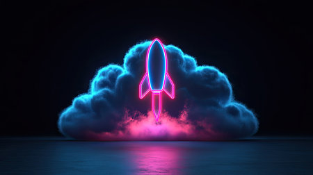 A vibrant neon rocket ascends from a colorful cloud, capturing the essence of exploration and innovation, perfect for projects focused on technology and creativity.の素材