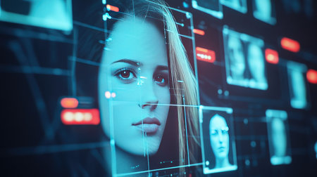 This striking portrait features a woman against a high-tech background filled with digital face recognition displays, embodying the fusion of beauty and technology.の素材