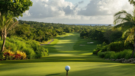 A breathtaking view of a golf course featuring a neatly placed tee and ball on vibrant grass, surrounded by lush greenery and a stunning sky, ideal for enthusiasts and nature lovers.の素材
