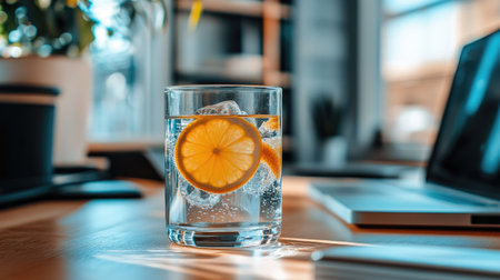 A vibrant glass of lemon water filled with ice sits on a wooden table in a stylish workspace, beautifully illuminated by natural sunlight, promoting freshness and hydration.の素材