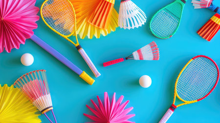 A colorful and energetic arrangement of various sporting equipment, including rackets and balls, set against a bright blue surface, ideal for promoting an active lifestyle.の素材
