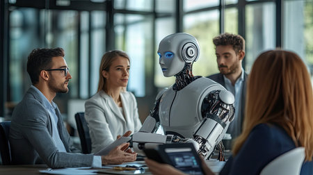 A humanoid robot assists professionals during a business meeting in a modern office, showcasing the integration of advanced technology in corporate settings.の素材