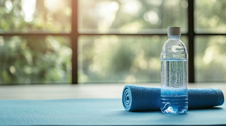 A clear water bottle rests on a blue yoga mat in a sunlit room, surrounded by green foliage, symbolizing hydration and wellness in a tranquil setting.の素材