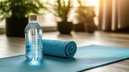 A water bottle and a soft towel rest on a blue yoga mat, surrounded by vibrant indoor plants, capturing the essence of fitness and relaxation in a serene atmosphere.の素材