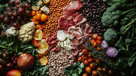 A beautifully arranged layout of vibrant fruits, vegetables, and meats showcasing fresh ingredients for healthy eating and culinary creativity. Perfect for food-related themes.の素材