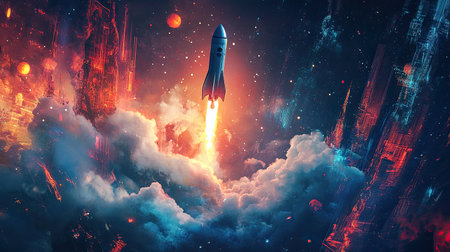 A stunning scene depicting a rocket launching into the depths of space, surrounded by vibrant clouds and cosmic elements, symbolizing adventure and human exploration.の素材