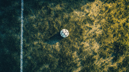 An engaging aerial perspective of a soccer ball resting on a sunlit grass field, accentuated by shadows and unique textures, ideal for promoting outdoor sports and recreational activities.の素材