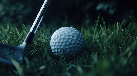 A detailed close-up image showcasing a golf ball resting on vibrant green grass beside a putter. This serene outdoor scene emphasizes the sport's precision and beauty.の素材
