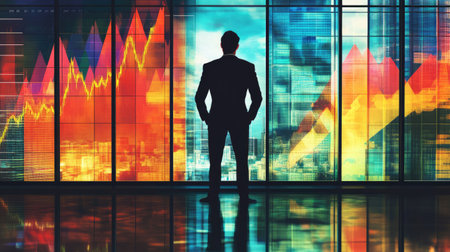 A business professional stands confidently in front of vibrant stock market graphs and data visualizations, symbolizing analysis and strategic planning in a modern office environment.の素材