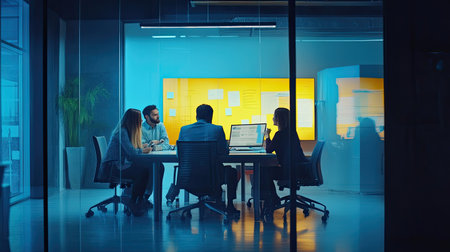 A professional group of diverse individuals participates in a creative brainstorming meeting in a modern office, showcasing collaboration and innovative thinking in a vibrant environment.の素材