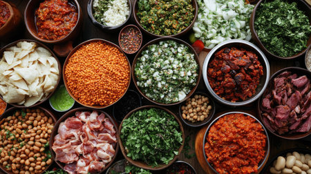 A vibrant arrangement of fresh ingredients in bowls showcasing a variety of colors and textures, perfect for inspiring healthy meal preparation and culinary creativity.の素材