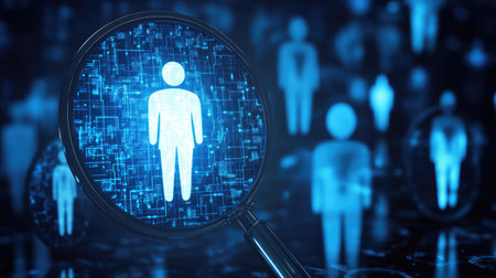 A magnifying glass highlights a digital human silhouette amidst a network of abstract symbols, illustrating themes of identity and data security in the modern digital landscape.の素材