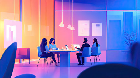 Four diverse professionals engage in a vibrant business meeting, discussing ideas and strategies around a modern round table in a colorful office environment.の素材