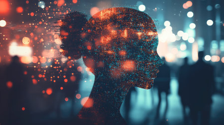 This artistic image features a woman's silhouette filled with digital patterns and bright lights, illustrating the fusion of technology and identity in a captivating urban setting.の素材