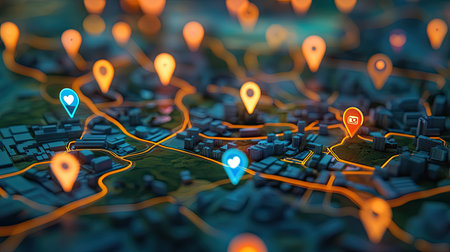 A captivating digital artwork featuring a map filled with colorful location pins, ideal for illustrating navigation, geolocation, and travel concepts in modern urban settings.の素材