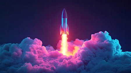 A stunning visual of a futuristic rocket launching into a vibrant sky filled with clouds and bright flames, symbolizing the spirit of exploration and technological innovation in space travel.の素材