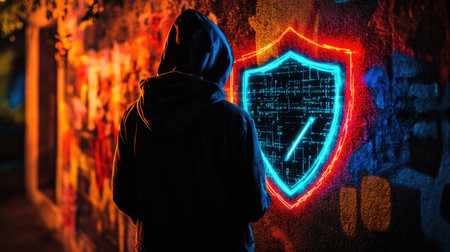 A lone figure in a hoodie stands against a colorful urban backdrop, contemplating a glowing shield icon symbolizing cyber security and protection in the digital age.の素材