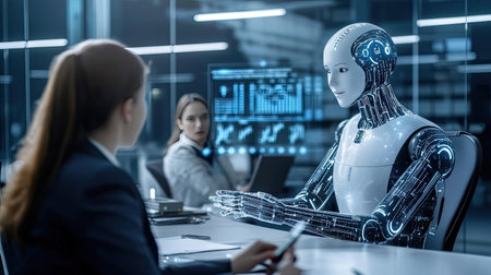 A futuristic office setting showcases a meeting between a human and a robot, highlighting advanced technology, data visualization, and modern communication in a professional environment.の素材