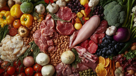A vibrant collection of assorted fresh meats, vegetables, and fruits arranged beautifully, showcasing the rich colors and textures ideal for healthy meal planning and culinary creativity.の素材