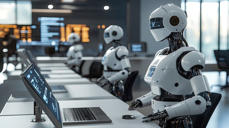 Robots operate in a sleek office setting, showcasing the intersection of technology and workspace. This image highlights innovation and advanced automation in modern workplaces.の素材