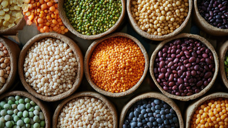 A colorful array of dried legumes and pulses presented in round bowls, highlighting their natural textures and vibrant colors, perfect for healthy meal preparations and culinary creativity.の素材