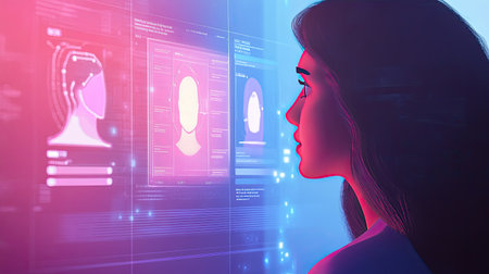A young woman gazes at a vibrant, futuristic interface filled with digital avatars and biometric data, reflecting the intersection of technology, identity, and self-exploration.の素材