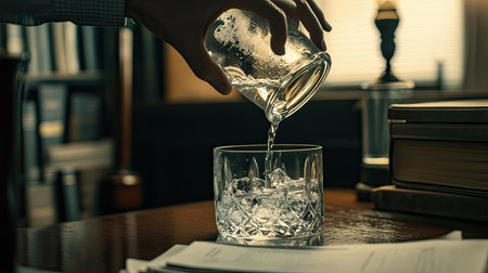 A serene moment captured with a hand pouring refreshing water over ice cubes in an elegant glass, set amidst a cozy indoor atmosphere filled with books and papers.の素材