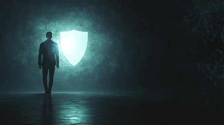 This image captures a silhouette of a businessman against a dark background, featuring a glowing shield. It symbolizes security, protection, and resilience in a digital era.の素材
