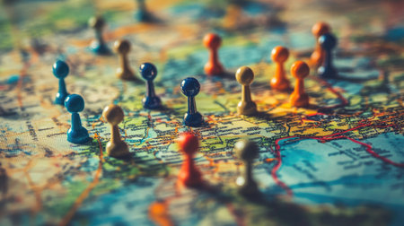 Vibrant game pieces scattered on a detailed map of Europe, illustrating the concepts of travel, exploration, and strategy in an engaging and colorful manner.の素材