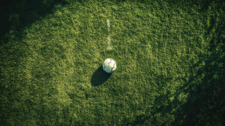 An aerial view of a white soccer ball resting on lush green grass, showcasing the perfect outdoor sports environment ideal for recreation, play, and engagement in athletic activities.の素材