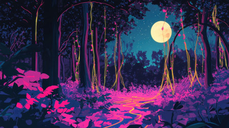 A stunning digital artwork of an enchanted forest at night, featuring a full moon, vibrant plants, and glowing vines, creating a mystical and tranquil atmosphere.の素材