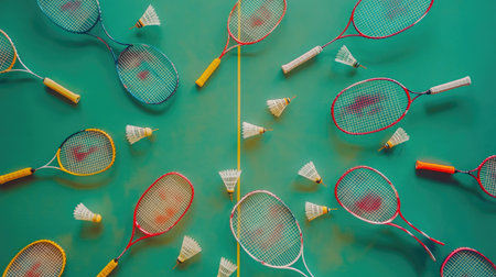 Bright and vibrant arrangement of badminton rackets and shuttlecocks on a turquoise background, ideal for illustrations related to sports, competition, and active lifestyles.の素材