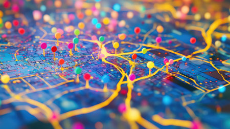 A colorful digital map showcasing vibrant pins and connections throughout an abstract city landscape, perfect for visualization of location tracking and navigation in modern contexts.の素材