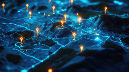 Captivating abstract landscape with glowing geolocation markers and fluid network connections, perfect for technology and mapping themes in digital presentations or graphics.の素材