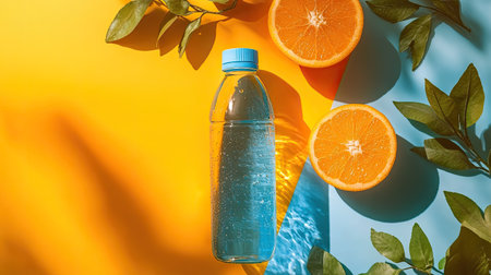 A clear bottle of water sits next to juicy orange slices and green leaves, creating a refreshing summer scene. The vibrant colors of yellow and blue add a bright touch, perfect for wellness.の素材