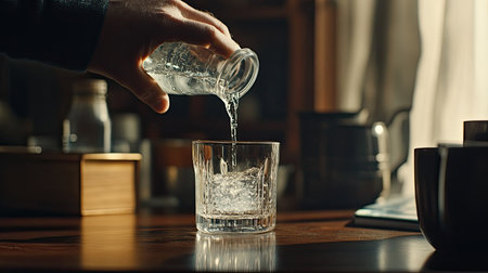 A serene moment capturing a hand pouring a clear liquid into a crystal glass filled with ice on a wooden table, illuminated by soft morning light for a cozy atmosphere.の素材