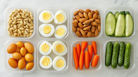 A beautifully arranged selection of fresh snacks featuring nuts, eggs, carrots, and cucumbers, perfect for meal prep and promoting a healthy lifestyle. Ideal for nutrition enthusiasts.の素材