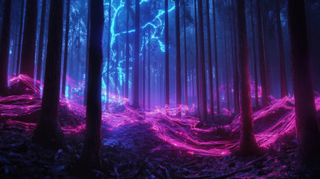 A captivating forest scene at night showcasing stunning neon blue and pink light trails weaving through tall trees, creating a mesmerizing and surreal atmosphere.の素材
