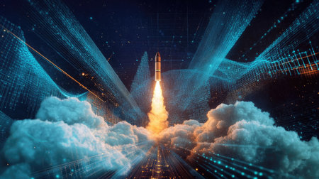 Captivating image of a rocket launching through a cloud backdrop, surrounded by glowing digital lines, symbolizing innovation, exploration, and the power of technology in space travel.の素材