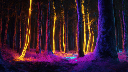 A mesmerizing scene of an enchanted forest illuminated by vibrant neon lights, creating a dreamlike atmosphere filled with color and wonder in nature beauty.の素材