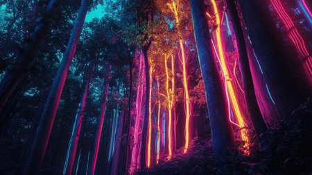 A breathtaking surreal scene of a forest illuminated by vibrant neon lights, creating an ethereal atmosphere, highlighting the mesmerizing beauty of nature at night.の素材
