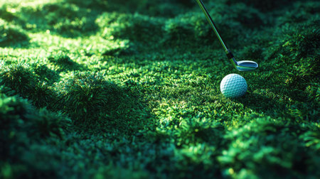 A captivating close-up view of a golf ball positioned on vibrant green grass, with a golf club poised for the next shot, highlighting the beauty and precision of the sport.の素材
