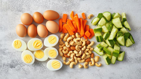 A vibrant arrangement of fresh eggs, boiled eggs, crunchy nuts, carrots, and cucumbers on a textured gray surface, perfect for healthy meal prep and cooking inspiration.の素材